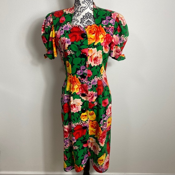 Vintage Julliard Floral Vacation Button Down Puff Sleeve Midi Dress 8 - Picture 1 of 9